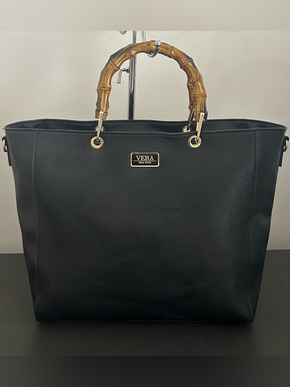 Vera New York Black Bamboo Handle Tote Crossbody Bag Gold Hardware Work Purse - Picture 10 of 14